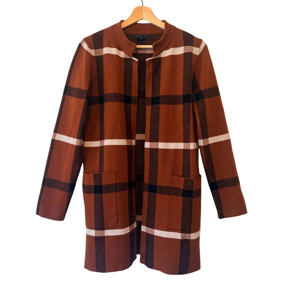 TAHARI Plaid Duster Cardigan Sweater Coat M Preppy Old Money Luxury Coatigan